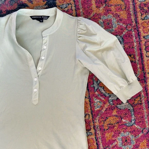Veronica Beard Pale Green Puff Sleeve Henley Top - Picture 10 of 16